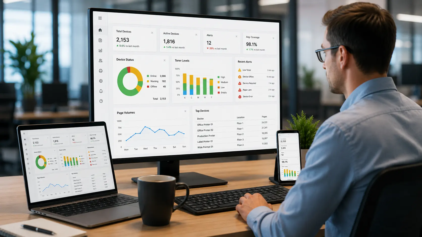 Managed print dashboard showing device and usage information