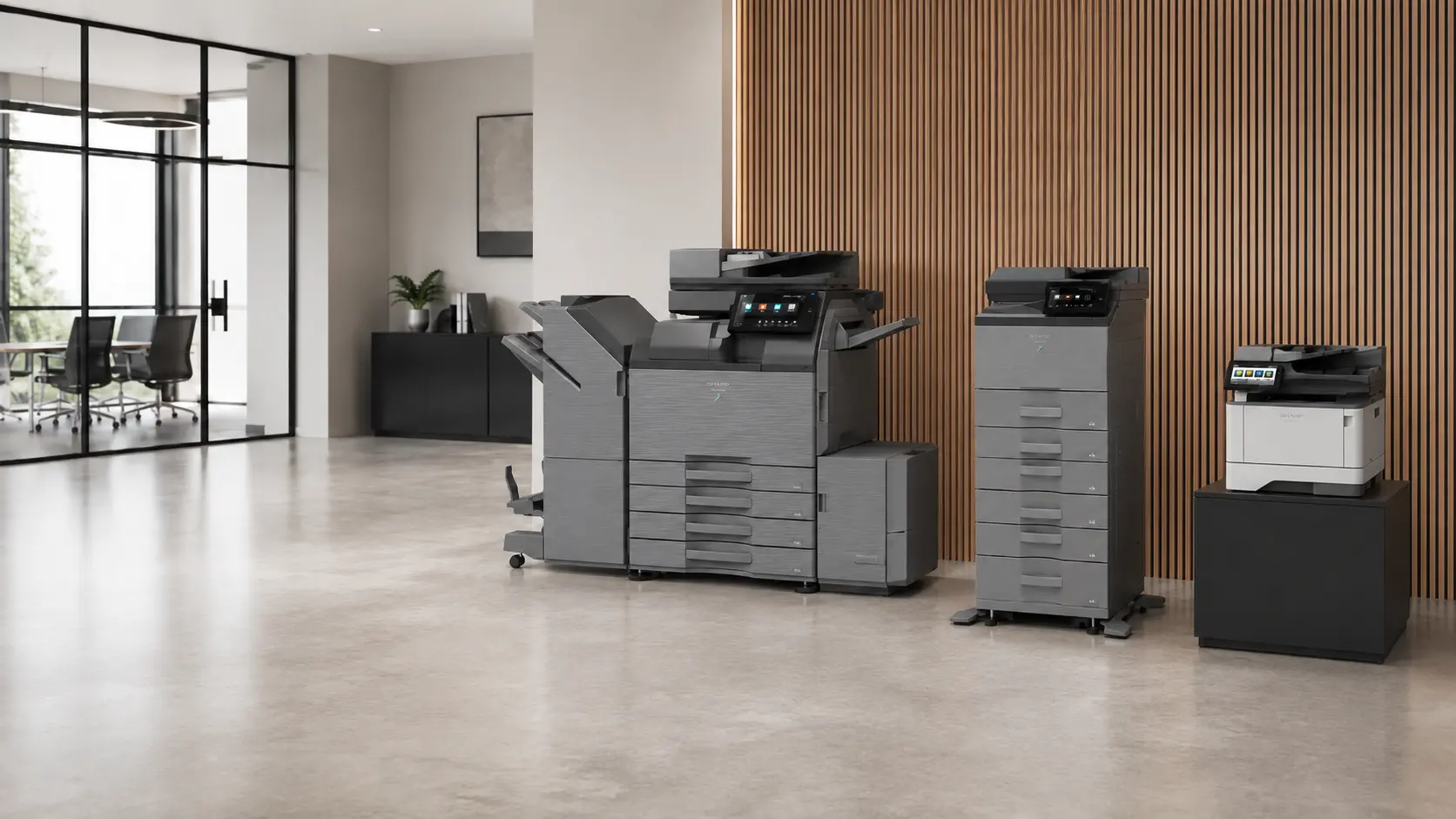 Sharp photocopiers and printers in a modern office